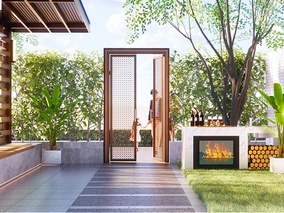 Modern Courtyard Landscape Villa Entrance Door Entrance Iron Door Landscape Greening Wall Hedge Shrub model