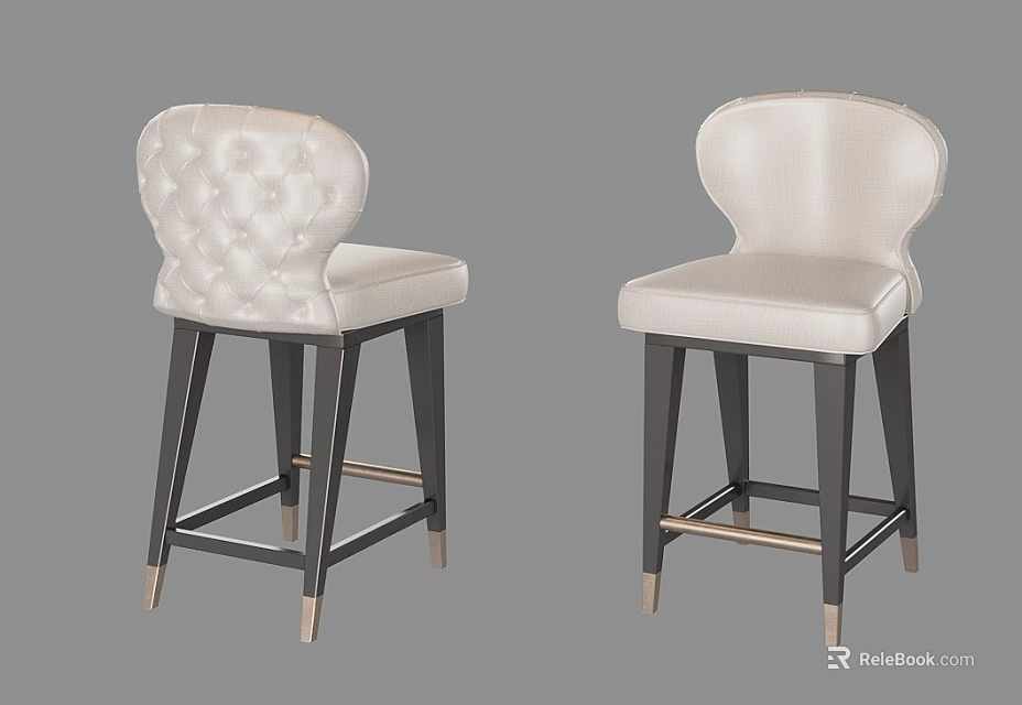 Modern Tufted Cream Upholstered Bar Stools With Dark Wood Legs And Premium Brass Metal Accents 3d model 