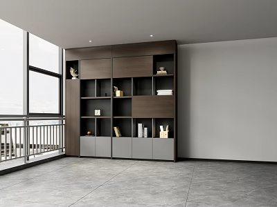 Spacious Modern Office Interior With Large Windows Bookshelf Cabinet And Gray Tile Flooring 3d model
