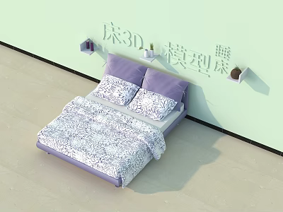 Double Bed Interior With Light Green Walls Purple Pillows Patterned Quilt And Wall Shelves 3d model
