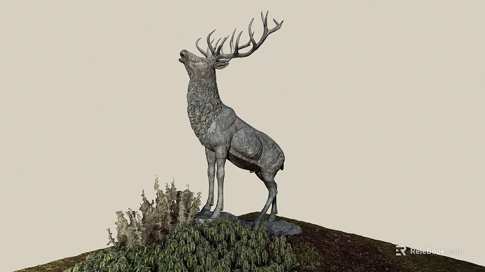 Large Antlered Deer Sculpture With Head Raised On Hill With Green Plants 3d model 