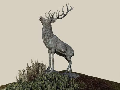 Large Antlered Deer Sculpture With Head Raised On Hill With Green Plants 3d model