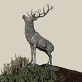 Large Antlered Deer Sculpture With Head Raised On Hill With Green Plants