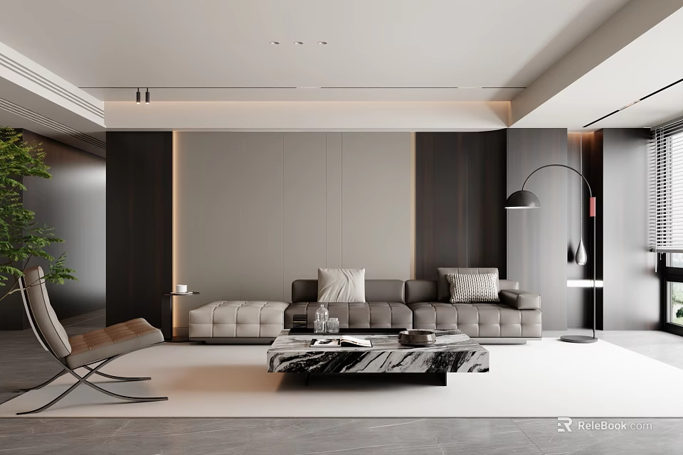 Modern Living Room Gray Sofa with Throw Pillows and Marble Coffee Table Set 3d model 