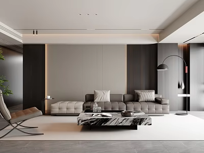 Modern Living Room Gray Sofa with Throw Pillows and Marble Coffee Table Set 3d model