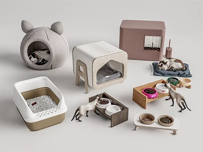 Stylish Pet Supplies Including Cat Beds Litter Boxes Feeding Bowls And Toys 3d model