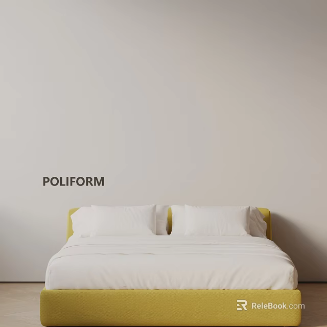 Poliform Double Bed With White Sheets And Yellow Headboard In Light Colored Room 3d model