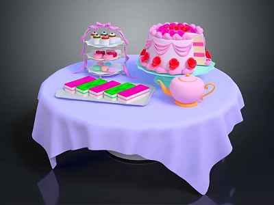 Delicious Strawberry Cake With Tiered Dessert Stand And Pink Teapot On Purple Tablecloth 3d model