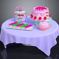 Delicious Strawberry Cake With Tiered Dessert Stand And Pink Teapot On Purple Tablecloth