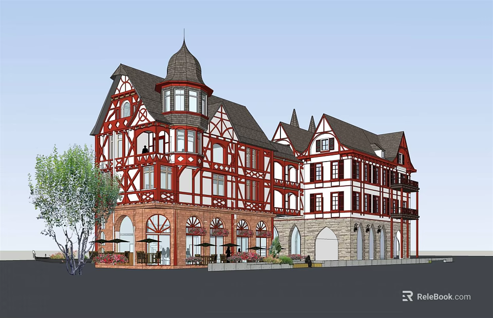 Red White Half Timbered Commercial Complex With Gabled Roofs Multi Story Retail Spaces And Greenery 3d model 