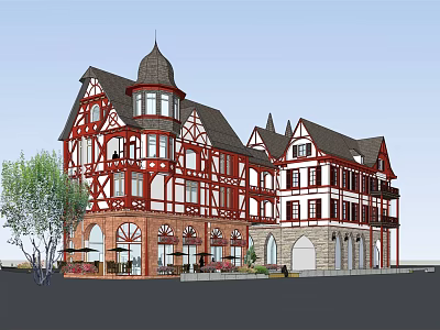 Red White Half Timbered Commercial Complex With Gabled Roofs Multi Story Retail Spaces And Greenery 3d model