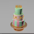 Three Tier Light Green And Pink Cake With Gold Crown Striped Design