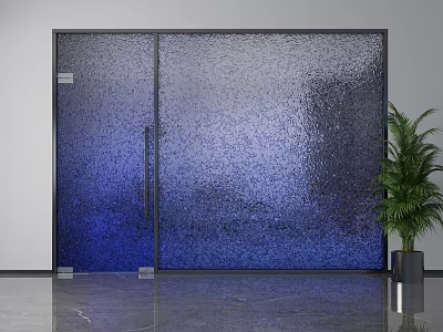 Blue Textured Glass Room Divider with Black Frame and Green Plant in Modern Interior 3d model