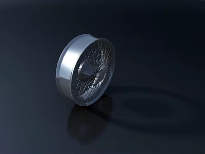 Silver Metallic Wheel Rim With Spoke Design On Black Background And Reflection 3d model