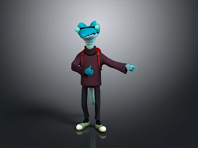 3D Animated Game Character With Blue Ears Headgear Dark Hoodie Red Backpack Pointing 3d model