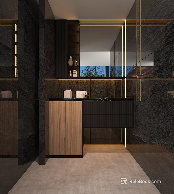 Modern Bathroom Vanity With Wooden Cabinet Black Countertop And Mirror Lighting 3d model 