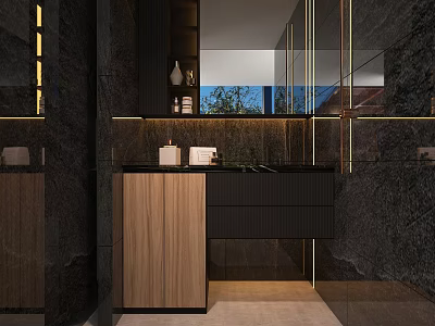 Modern Bathroom Vanity With Wooden Cabinet Black Countertop And Mirror Lighting 3d model