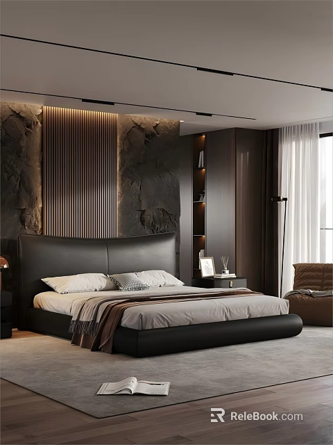 Modern Minimalist Bedroom With Black Leather Headboard Stone Wall And Floor To Ceiling Window 3d model 
