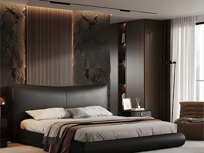 Modern Minimalist Bedroom With Black Leather Headboard Stone Wall And Floor To Ceiling Window 3d model