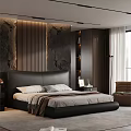 Modern Minimalist Bedroom With Black Leather Headboard Stone Wall And Floor To Ceiling Window
