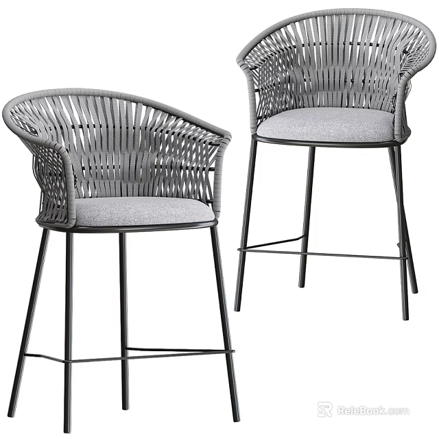 Rattan Outdoor Chairs With Armrests High Legs Gray Cushions And Metal Frames 3d model 