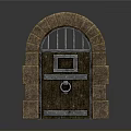 Ancient Stone Arch Door With Wooden Panel Iron Bars And Metal Knocker