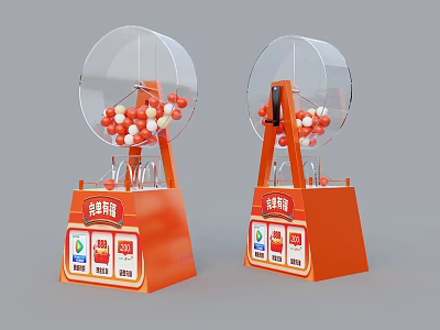 Interactive Zone Featuring Orange Lucky Draw Machines With Transparent Wheels And Red White Balls 3d model