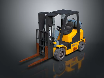 Yellow Komatsu Forklift With Front Forks Cab And Black Tires On Reflective Surface 3d model