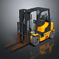 Yellow Komatsu Forklift With Front Forks Cab And Black Tires On Reflective Surface
