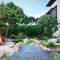 Sunlit Garden With Fire Pit Pond Wooden Deck Rocks Lush Plants And Trees