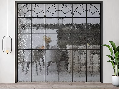 Modern Textured Glass Room Divider With Black Frame Arched Top And Dining Area View 3d model