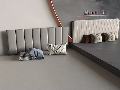 Modern Bedroom Accent Wall With Gray Beige Vertical Paneled Design Minotti Sign And Decorative Pillows 3d model