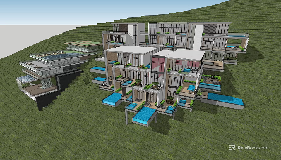 Modern Detached Villa With Multiple Terraces Swimming Pools And Green Hillside Setting 3d model