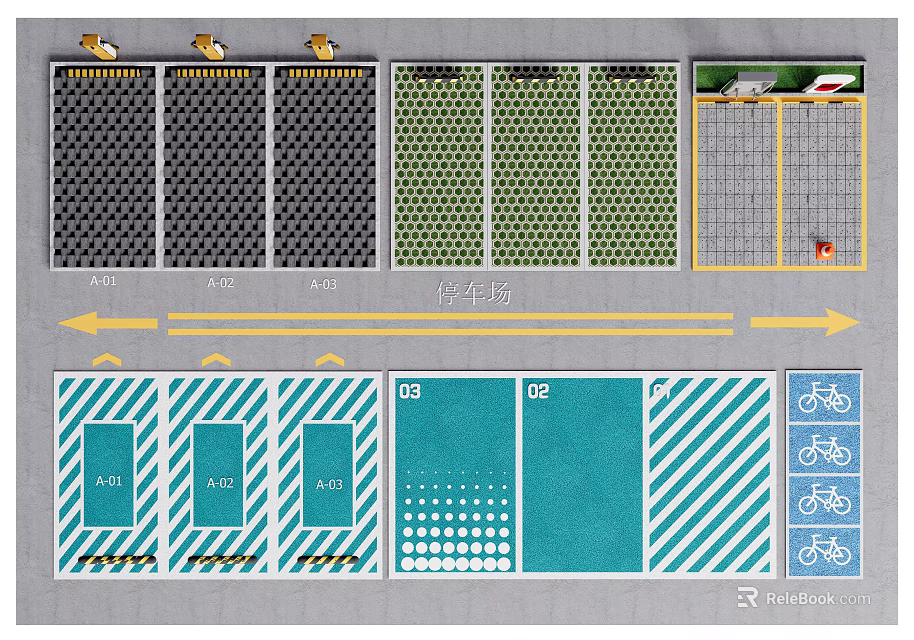 Parking Lot Layout With Numbered Zones Direction Arrows And Bicycle Spaces 3d model 