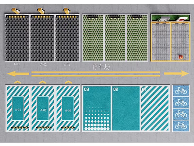 Parking Lot Layout With Numbered Zones Direction Arrows And Bicycle Spaces 3d model