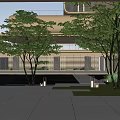 Modern Garden Landscape Design with Contemporary Architecture Lush Trees and Green Lawn