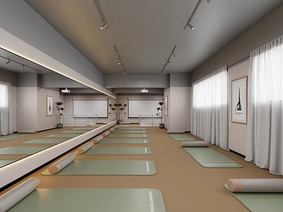 Spacious Yoga Studio Interior With Arranged Green Mats Large Mirrors And Curtain Windows 3d model