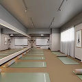 Spacious Yoga Studio Interior With Arranged Green Mats Large Mirrors And Curtain Windows