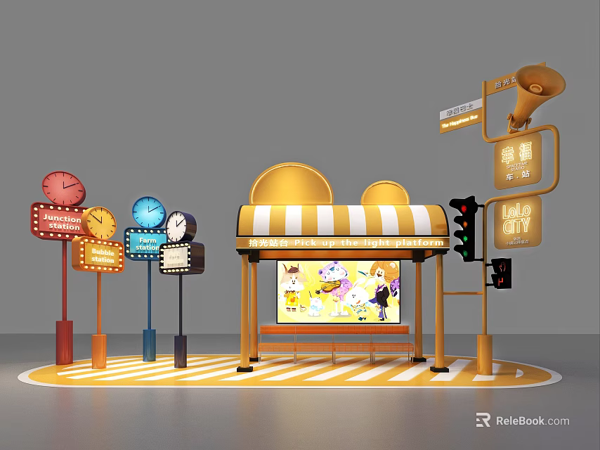 Cartoon Style Street Scene with Colorful Clocks Signposts Canopy Shelter and Traffic Lights 3d model 