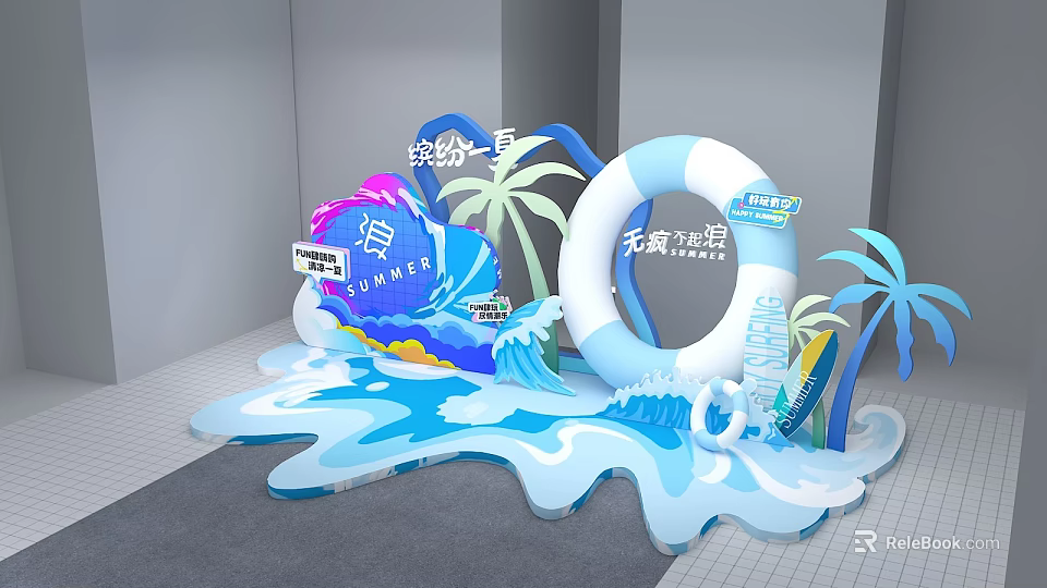 Vibrant Summer Stage Featuring Palm Trees Waves and Inflatable Ring for Cool Atmosphere 3d model 