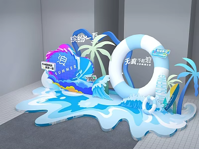 Vibrant Summer Stage Featuring Palm Trees Waves and Inflatable Ring for Cool Atmosphere 3d model
