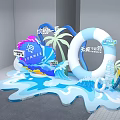 Vibrant Summer Stage Featuring Palm Trees Waves and Inflatable Ring for Cool Atmosphere