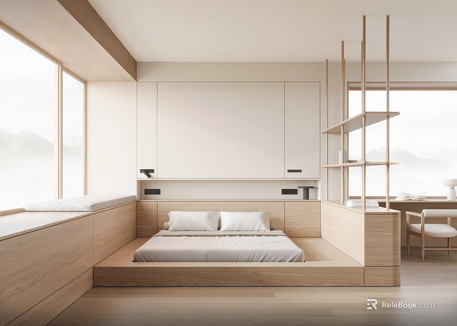Modern Minimalist Bedroom Design With Platform Bed Wooden Elements Large Windows And Natural Light 3d model 