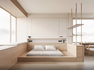 Modern Minimalist Bedroom Design With Platform Bed Wooden Elements Large Windows And Natural Light 3d model