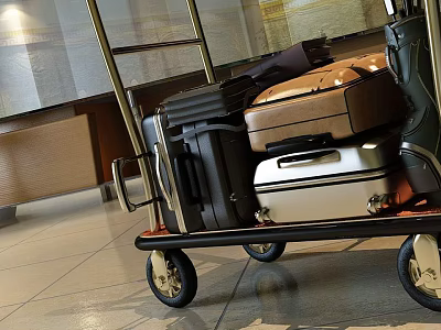 Train Station Interior With Luggage Cart Carrying Multiple Suitcases And Travel Bags 3d model