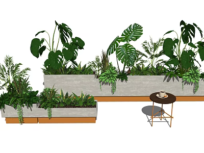 Modern Flower Planters With Lush Green Plants And Monstera Leaves Design 3d model