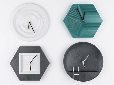 Modern Circular And Hexagonal Clocks In White Teal Gray And Dark Gray Designs 3d model
