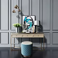 Elegant Modern Dressing Table With Round Mirror Vase Lamp And Decorative Art 3d model