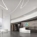 Modern Reception Desk with Spiral Staircase Marble Counter Curved Elements Polished Flooring and Company Logo