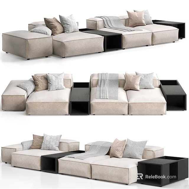 Modern Beige Sectional Sofa With Modular Design Decorative Cushions And Dark Side Tables 3d model